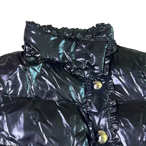 Duvetica Black Patent Real Down Coat Jacket Snap-Down Ruffle Rare Size Small 38 - Picture 2 of 16